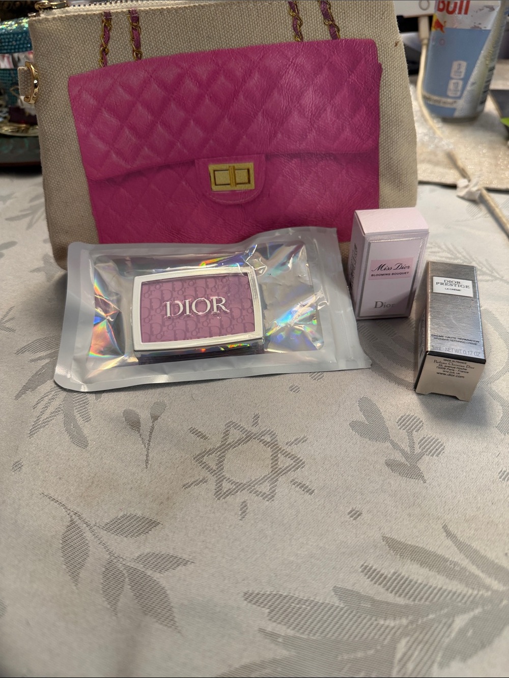 Hot Pink Quilted Cosmetic Pouch with Dior Mini Fragrance & Compact